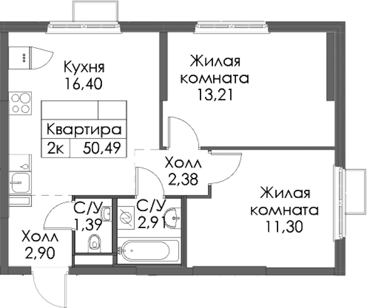 2-комнатная квартира 50.49 м², 5/12 эт., ЖК «Таллинский парк»